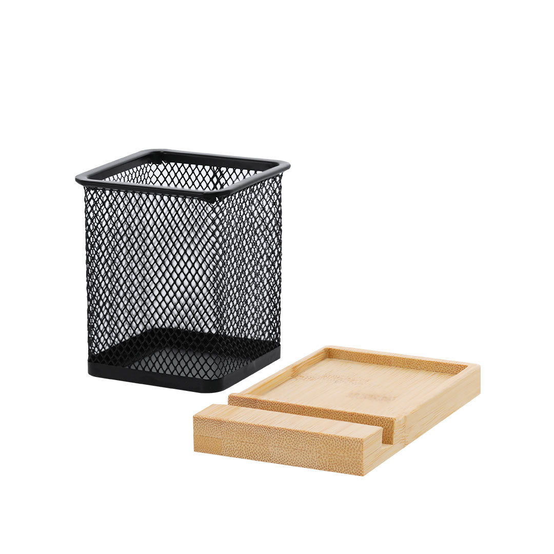 Manish Metal Mesh Pen Holder – Practical Bamboo Base Desk Organiser