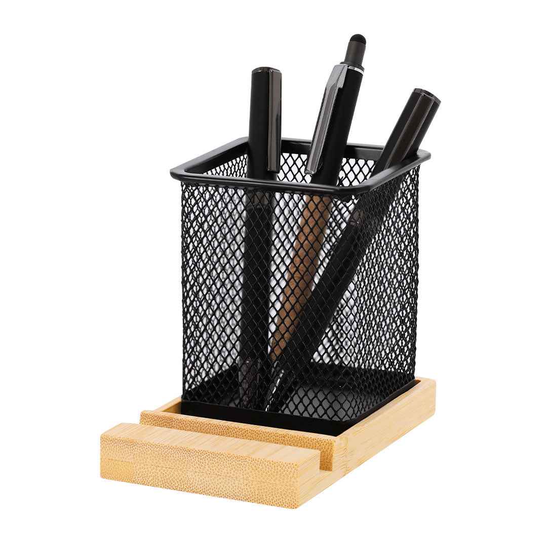 Manish Metal Mesh Pen Holder – Practical Bamboo Base Desk Organiser
