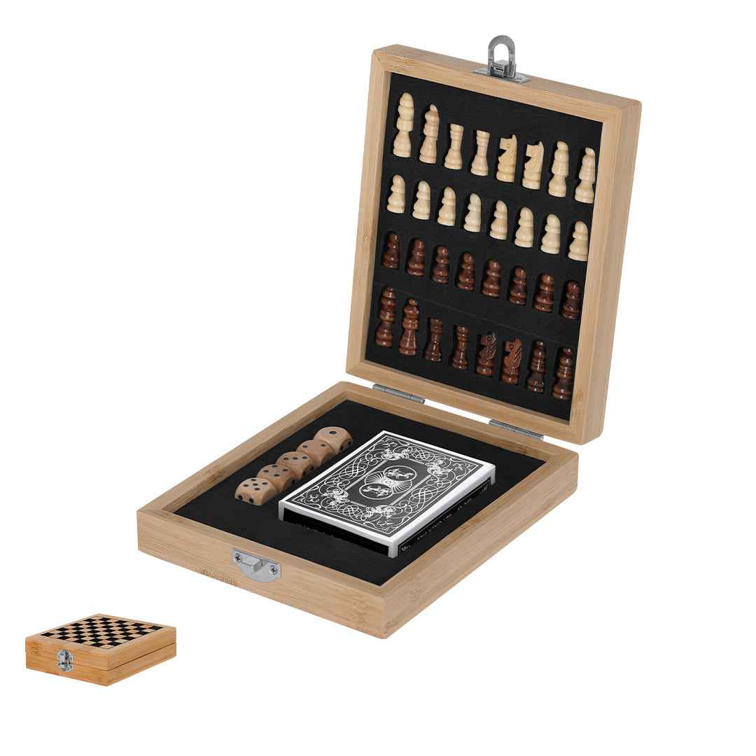 Londox Game Set – Elegant Bamboo Finish with Chess, Dice & Poker Cards
