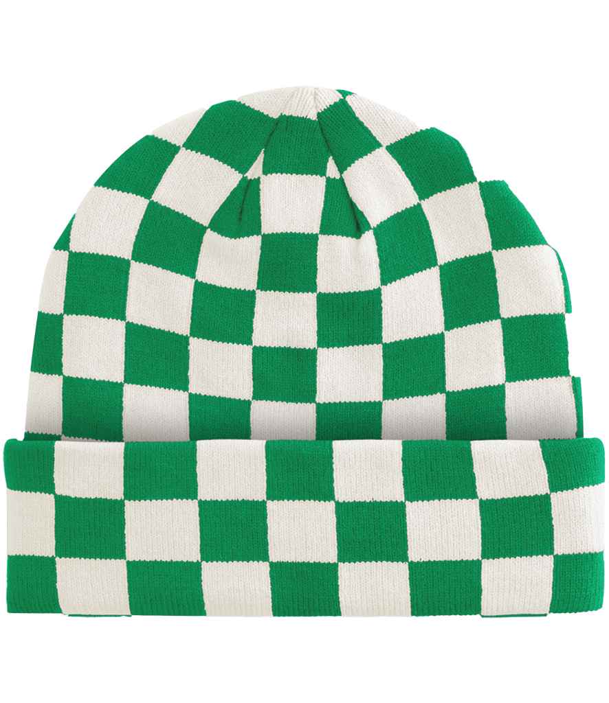 Beechfield Checkerboard Beanie – Stylish Eco-Friendly Headwear Kelly Green/Off White ONE