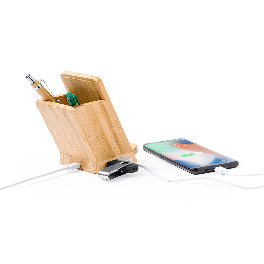 Bloxem Multifunctional Pen Holder – Bamboo Wireless Charger & USB Hub