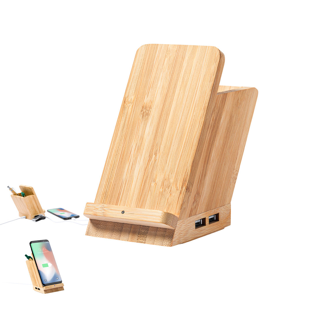 Bloxem Multifunctional Pen Holder – Bamboo Wireless Charger & USB Hub