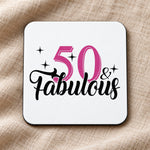 Coaster piece of the 50 & Fabulous Mug and Coaster Matching Set for 50th Birthday Celebration in Red