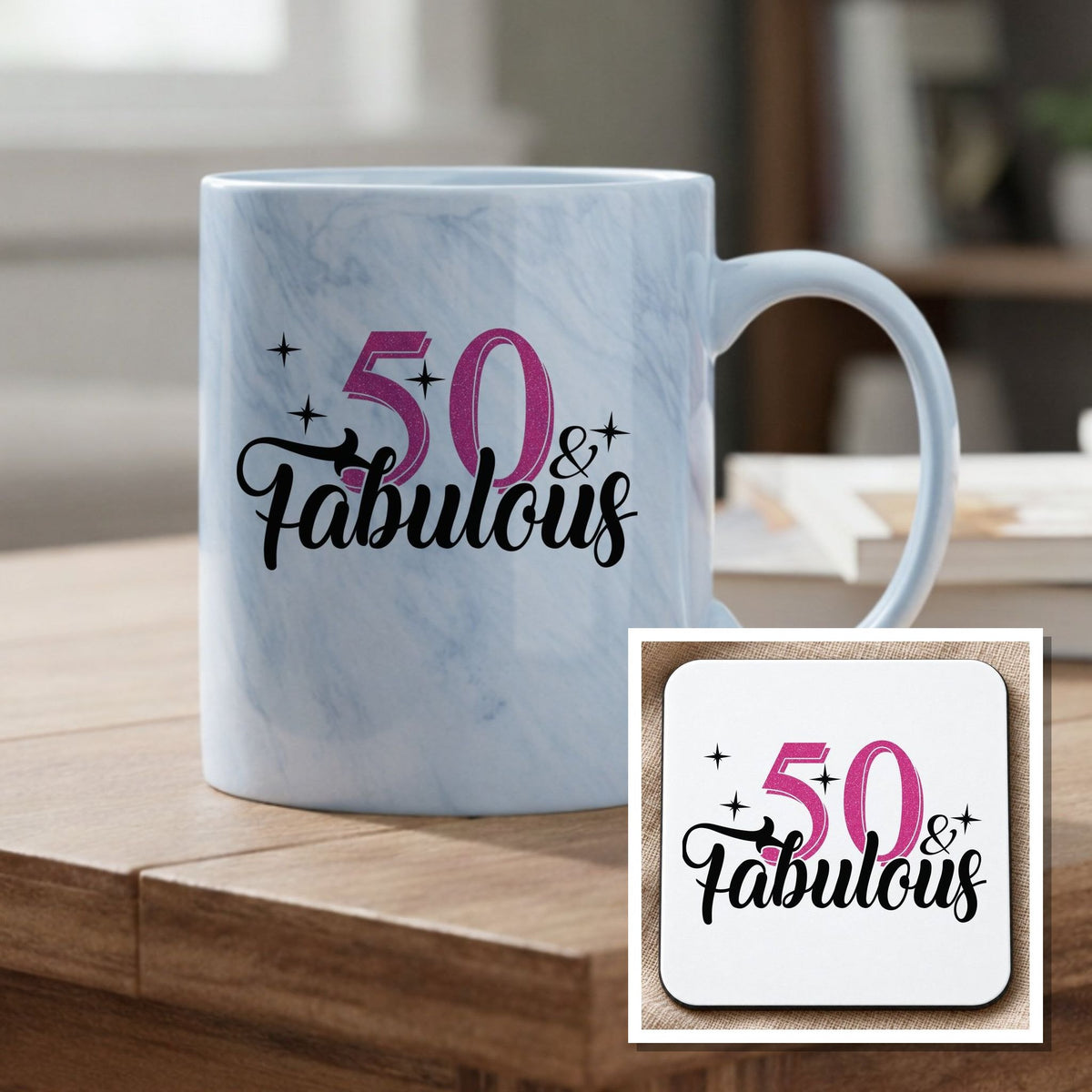 50 & Fabulous Mug and Coaster Matching Set for 50th Birthday Celebration in Blue