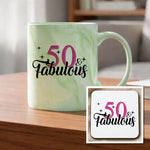 50 & Fabulous Mug and Coaster Matching Set for 50th Birthday Celebration in Green