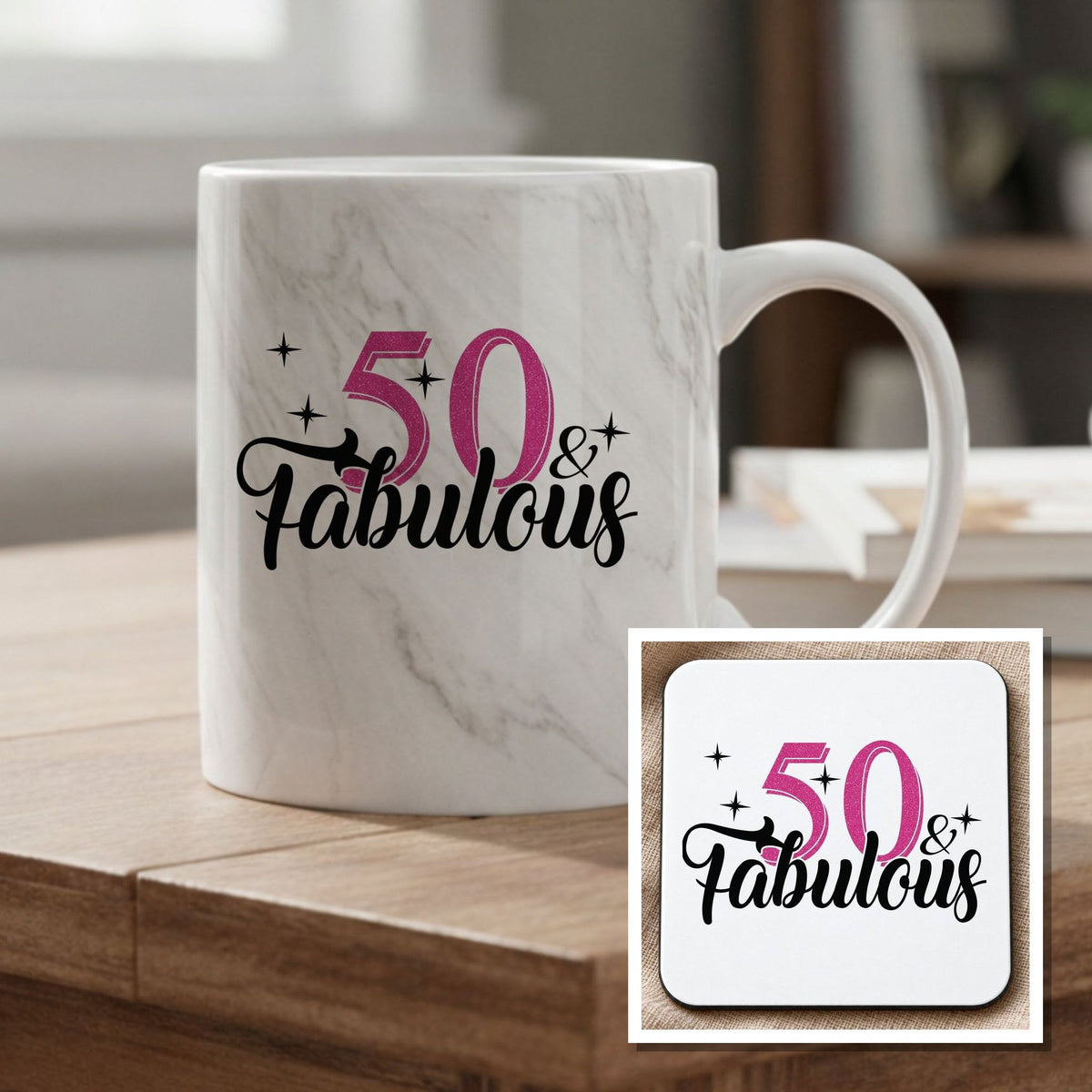50 & Fabulous Mug and Coaster Matching Set for 50th Birthday Celebration in Grey