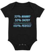 50% Mammy 50% Daddy 100% Perfect – Larkwood Essential Short Sleeve Baby Bodysuit in Black with Baby Blue vinyl