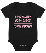 50% Mammy 50% Daddy 100% Perfect – Larkwood Essential Short Sleeve Baby Bodysuit in Black with Baby Pink vinyl