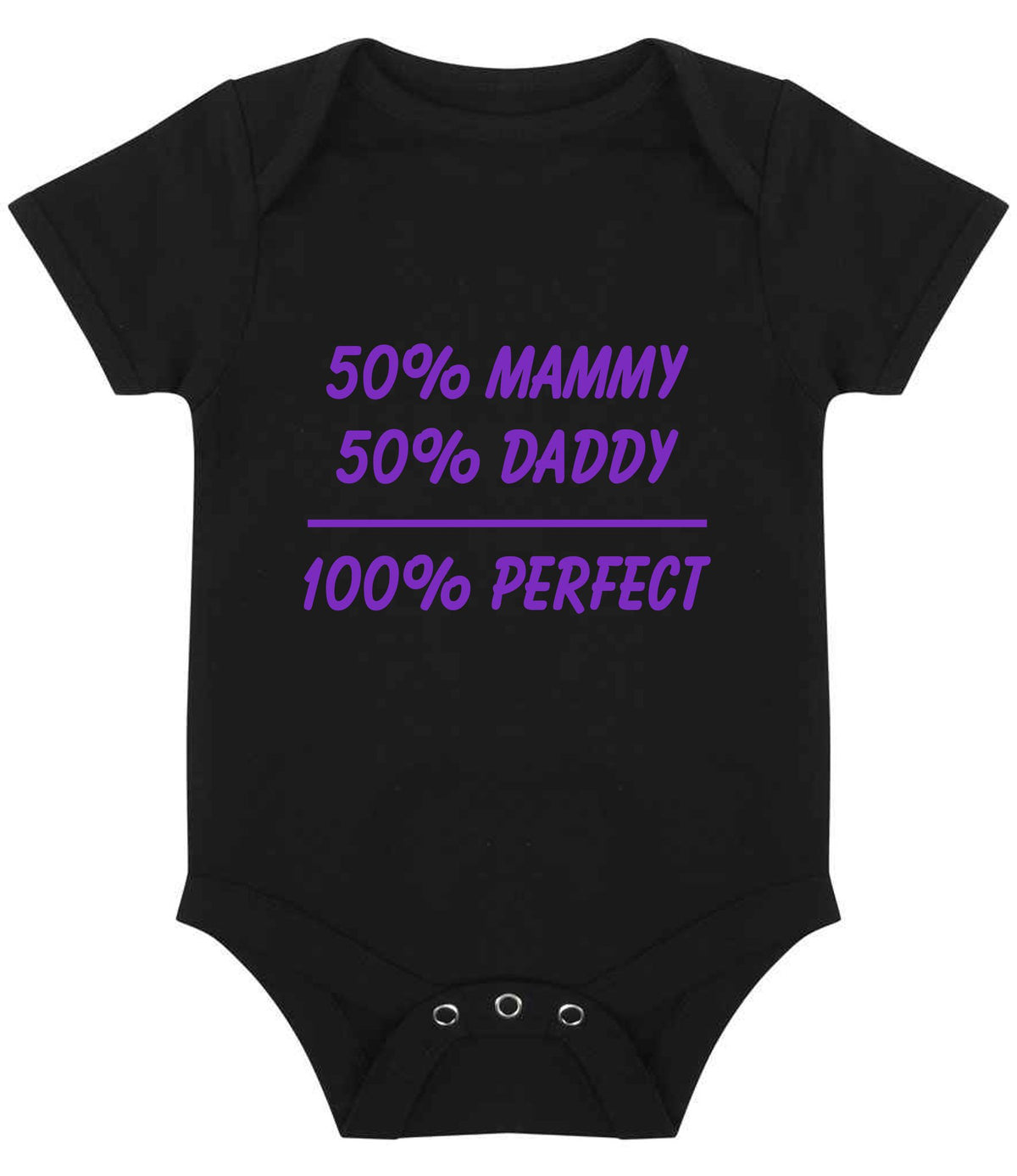 50% Mammy 50% Daddy 100% Perfect – Larkwood Essential Short Sleeve Baby Bodysuit in Black with Purple vinyl