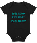 50% Mammy 50% Daddy 100% Perfect – Larkwood Essential Short Sleeve Baby Bodysuit in Black with Teal vinyl