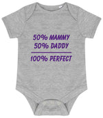 50% Mammy 50% Daddy 100% Perfect – Larkwood Essential Short Sleeve Baby Bodysuit in Heather Grey with Purple vinyl