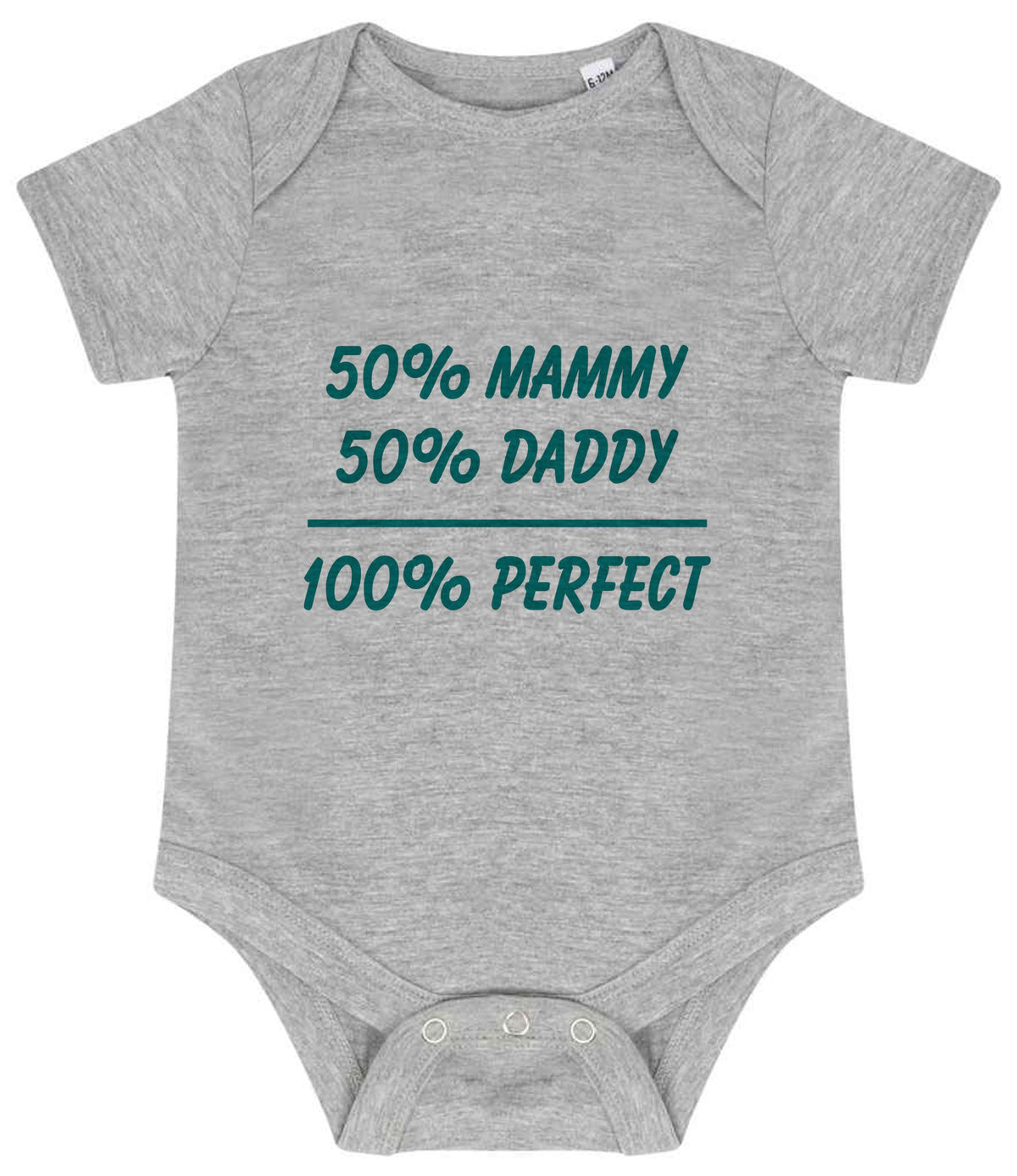 50% Mammy 50% Daddy 100% Perfect – Larkwood Essential Short Sleeve Baby Bodysuit in Heather Grey with Teal vinyl