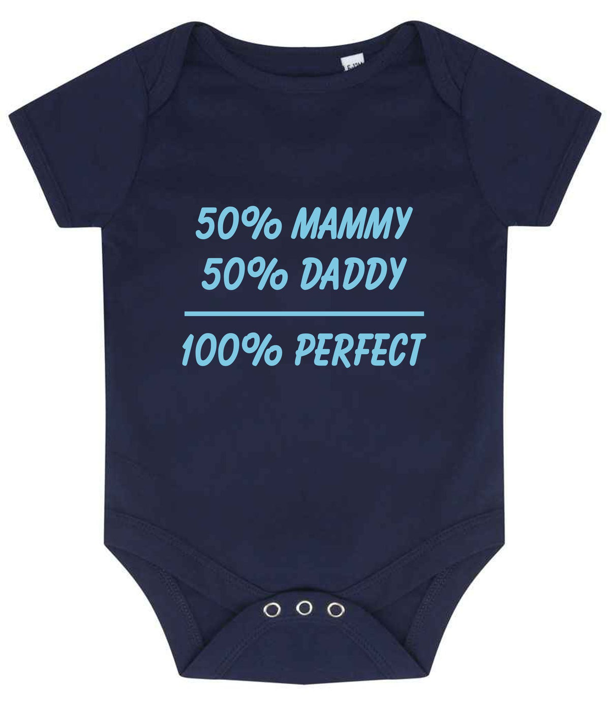 50% Mammy 50% Daddy 100% Perfect – Larkwood Essential Short Sleeve Baby Bodysuit in Navy with Baby Blue vinyl