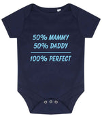 50% Mammy 50% Daddy 100% Perfect – Larkwood Essential Short Sleeve Baby Bodysuit in Navy with Baby Blue vinyl