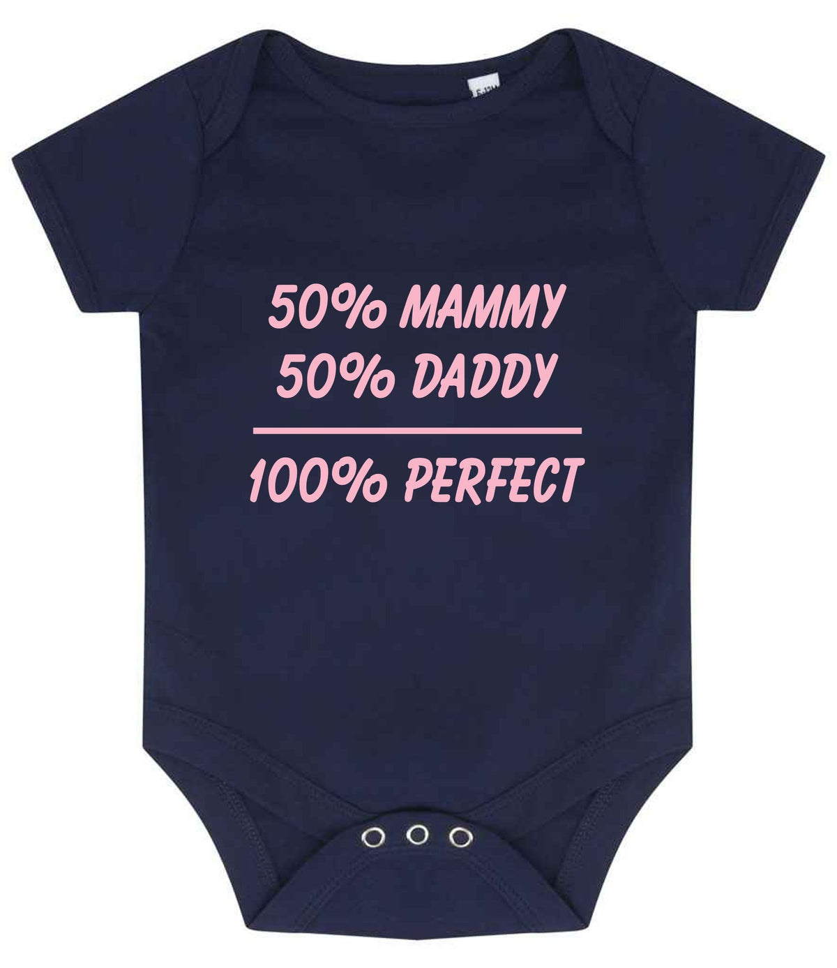 50% Mammy 50% Daddy 100% Perfect – Larkwood Essential Short Sleeve Baby Bodysuit in Navy with Baby Pink vinyl