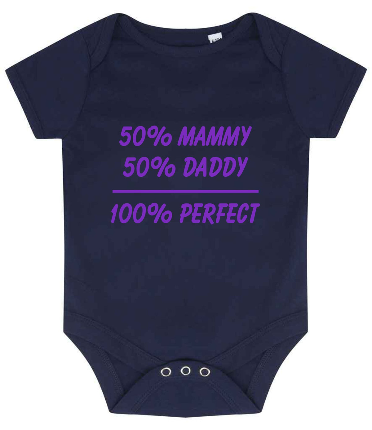 50% Mammy 50% Daddy 100% Perfect – Larkwood Essential Short Sleeve Baby Bodysuit in Navy with Purple vinyl