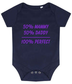 50% Mammy 50% Daddy 100% Perfect – Larkwood Essential Short Sleeve Baby Bodysuit in Navy with Purple vinyl