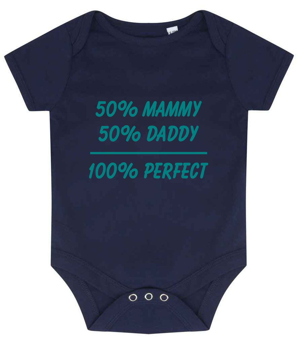 50% Mammy 50% Daddy 100% Perfect – Larkwood Essential Short Sleeve Baby Bodysuit in Navy with Teal vinyl