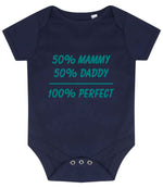 50% Mammy 50% Daddy 100% Perfect – Larkwood Essential Short Sleeve Baby Bodysuit in Navy with Teal vinyl