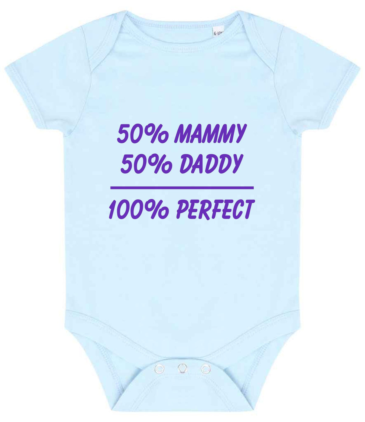 50% Mammy 50% Daddy 100% Perfect – Larkwood Essential Short Sleeve Baby Bodysuit in Pale Blue with Purple vinyl