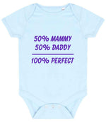 50% Mammy 50% Daddy 100% Perfect – Larkwood Essential Short Sleeve Baby Bodysuit in Pale Blue with Purple vinyl