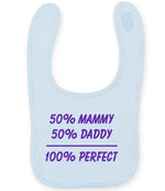 50% Mammy 50% Daddy 100% Perfect – Larkwood Baby/Toddler Bib in Pale Blue with Purple vinyl