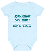 50% Mammy 50% Daddy 100% Perfect – Larkwood Essential Short Sleeve Baby Bodysuit in Pale Blue with Teal vinyl