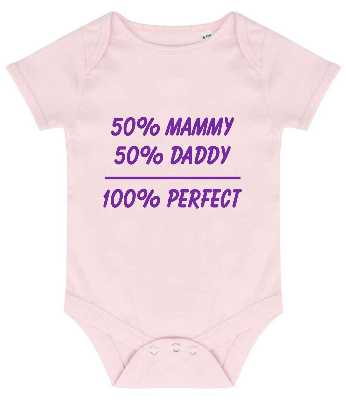 50% Mammy 50% Daddy 100% Perfect – Larkwood Essential Short Sleeve Baby Bodysuit in Pale Pink with Purple vinyl