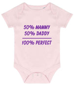 50% Mammy 50% Daddy 100% Perfect – Larkwood Essential Short Sleeve Baby Bodysuit in Pale Pink with Purple vinyl