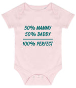 50% Mammy 50% Daddy 100% Perfect – Larkwood Essential Short Sleeve Baby Bodysuit in Pale Pink with Teal vinyl
