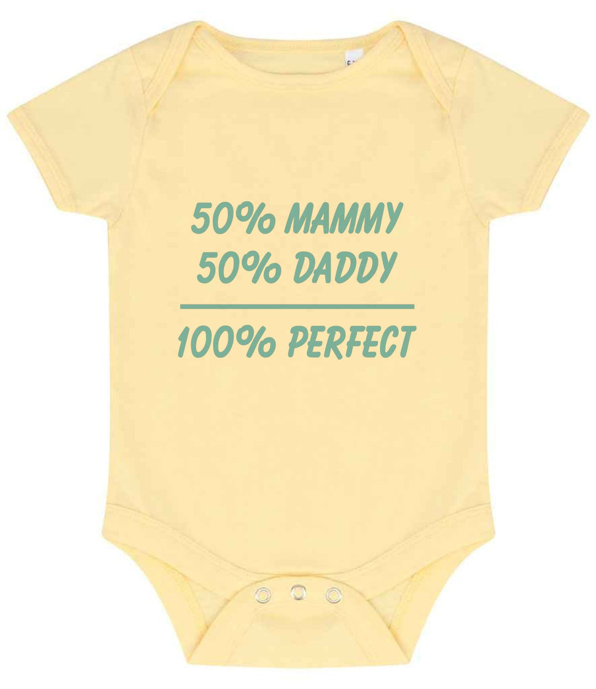 50% Mammy 50% Daddy 100% Perfect – Larkwood Essential Short Sleeve Baby Bodysuit in Pale Yellow with Baby Blue vinyl