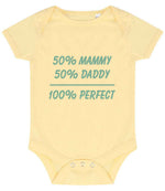50% Mammy 50% Daddy 100% Perfect – Larkwood Essential Short Sleeve Baby Bodysuit in Pale Yellow with Baby Blue vinyl