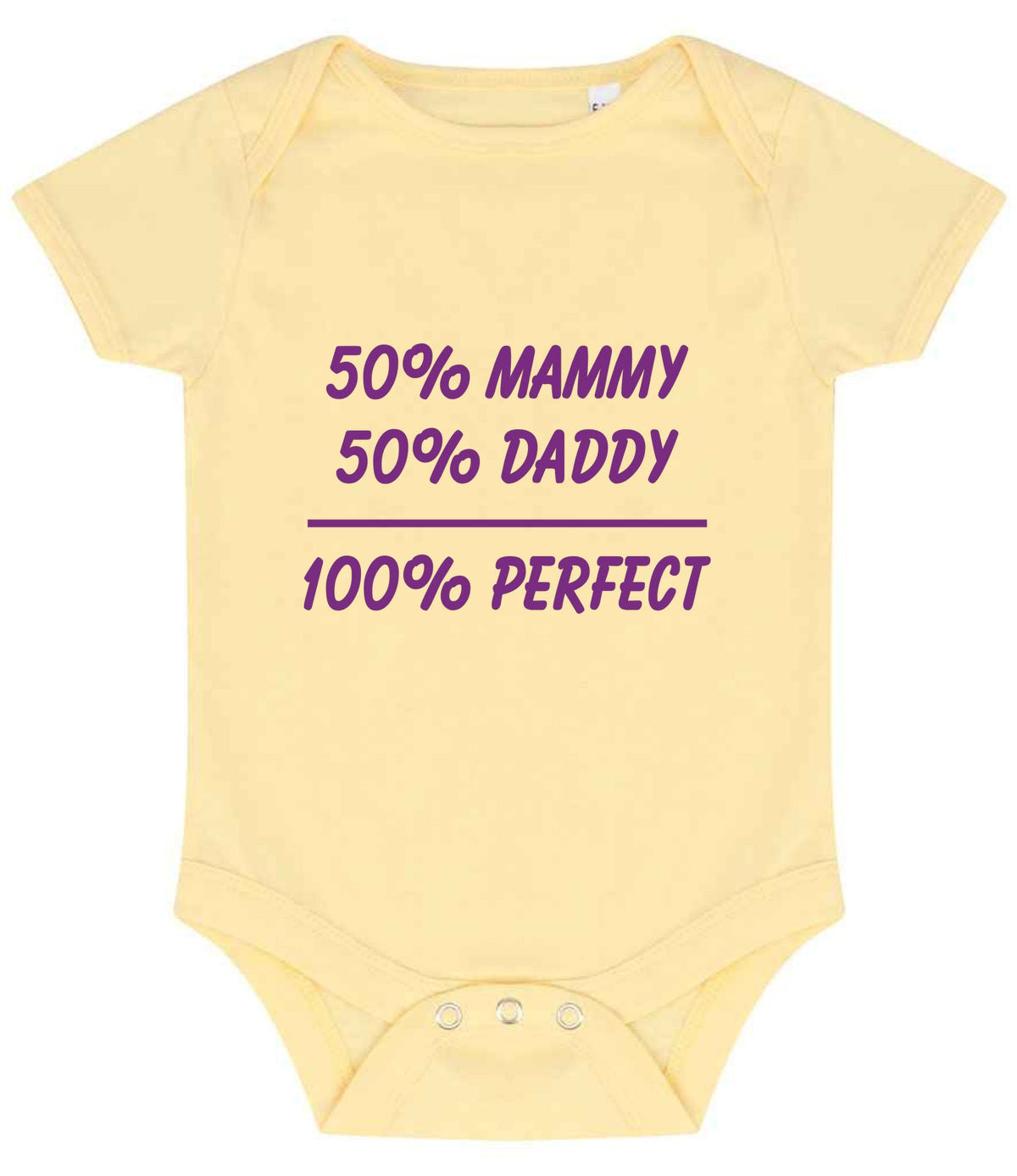 50% Mammy 50% Daddy 100% Perfect – Larkwood Essential Short Sleeve Baby Bodysuit in Pale Yellow with Purple vinyl