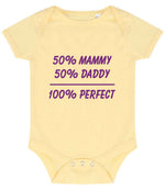 50% Mammy 50% Daddy 100% Perfect – Larkwood Essential Short Sleeve Baby Bodysuit in Pale Yellow with Purple vinyl