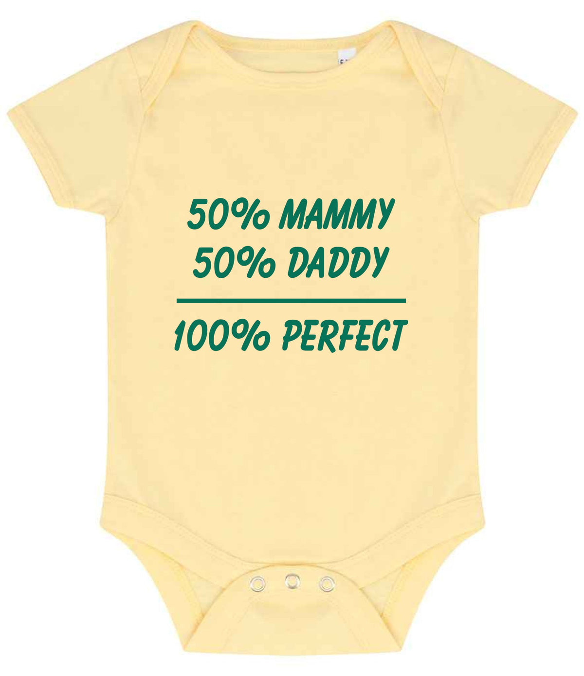 50% Mammy 50% Daddy 100% Perfect – Larkwood Essential Short Sleeve Baby Bodysuit in Pale Yellow with Teal vinyl
