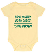 50% Mammy 50% Daddy 100% Perfect – Larkwood Essential Short Sleeve Baby Bodysuit in Pale Yellow with Teal vinyl
