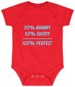 50% Mammy 50% Daddy 100% Perfect – Larkwood Essential Short Sleeve Baby Bodysuit in Red with Baby Blue vinyl