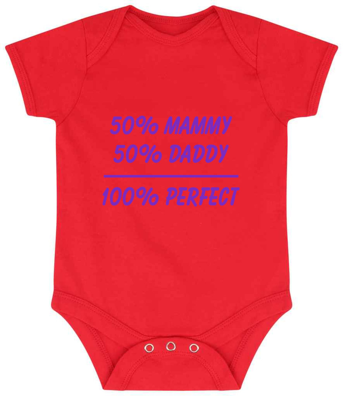50% Mammy 50% Daddy 100% Perfect – Larkwood Essential Short Sleeve Baby Bodysuit in Red with Purple vinyl