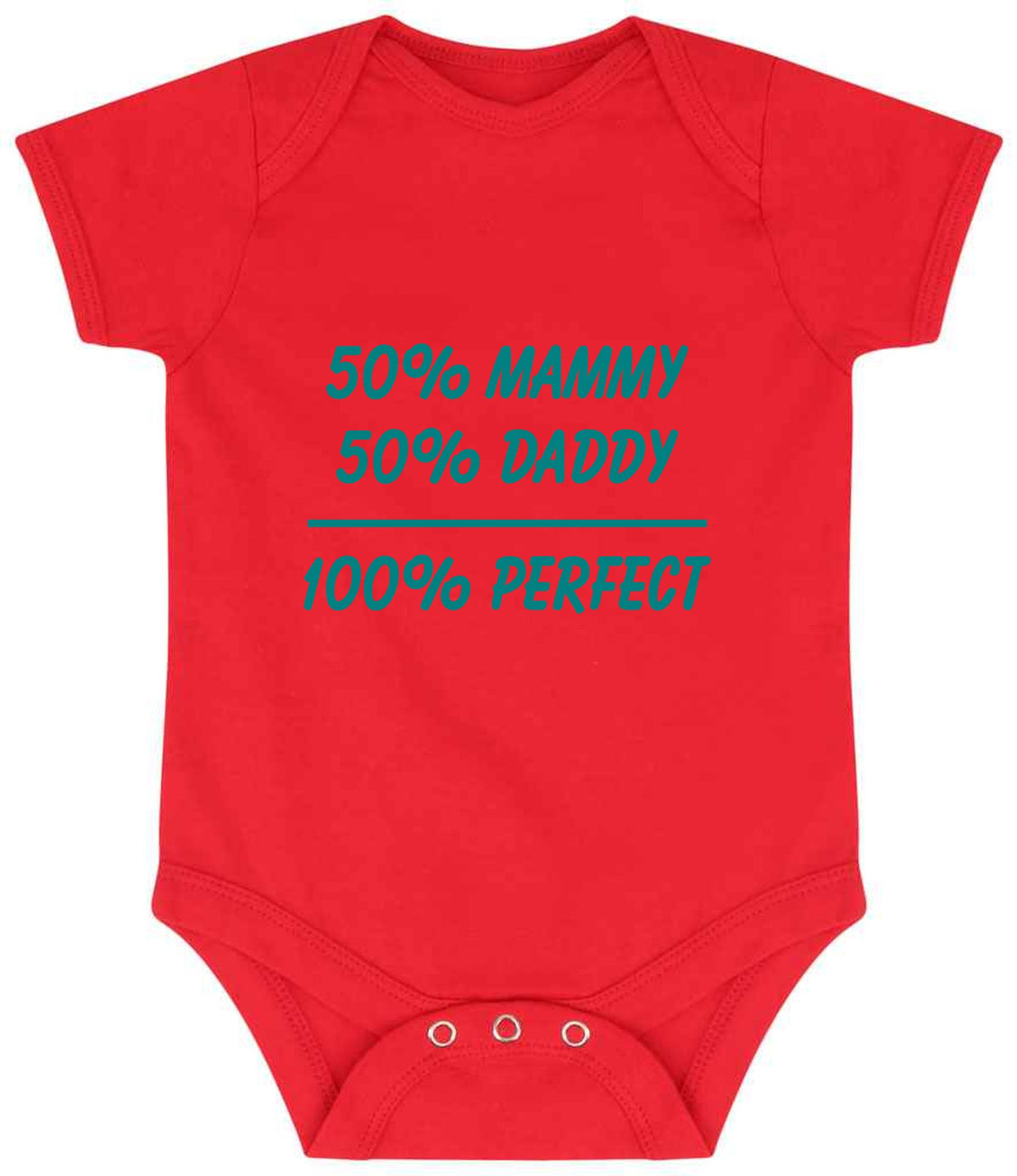 50% Mammy 50% Daddy 100% Perfect – Larkwood Essential Short Sleeve Baby Bodysuit in Red with Teal vinyl