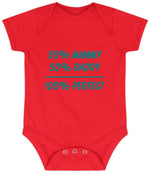 50% Mammy 50% Daddy 100% Perfect – Larkwood Essential Short Sleeve Baby Bodysuit in Red with Teal vinyl