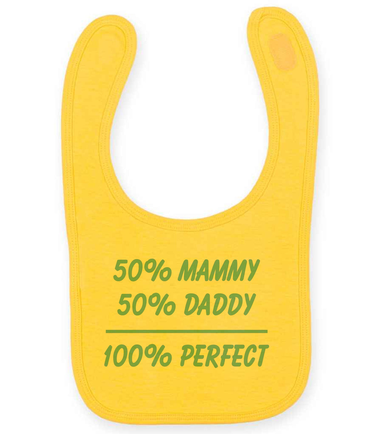 50% Mammy 50% Daddy 100% Perfect – Larkwood Baby/Toddler Bib in Sunflower with Baby Blue vinyl