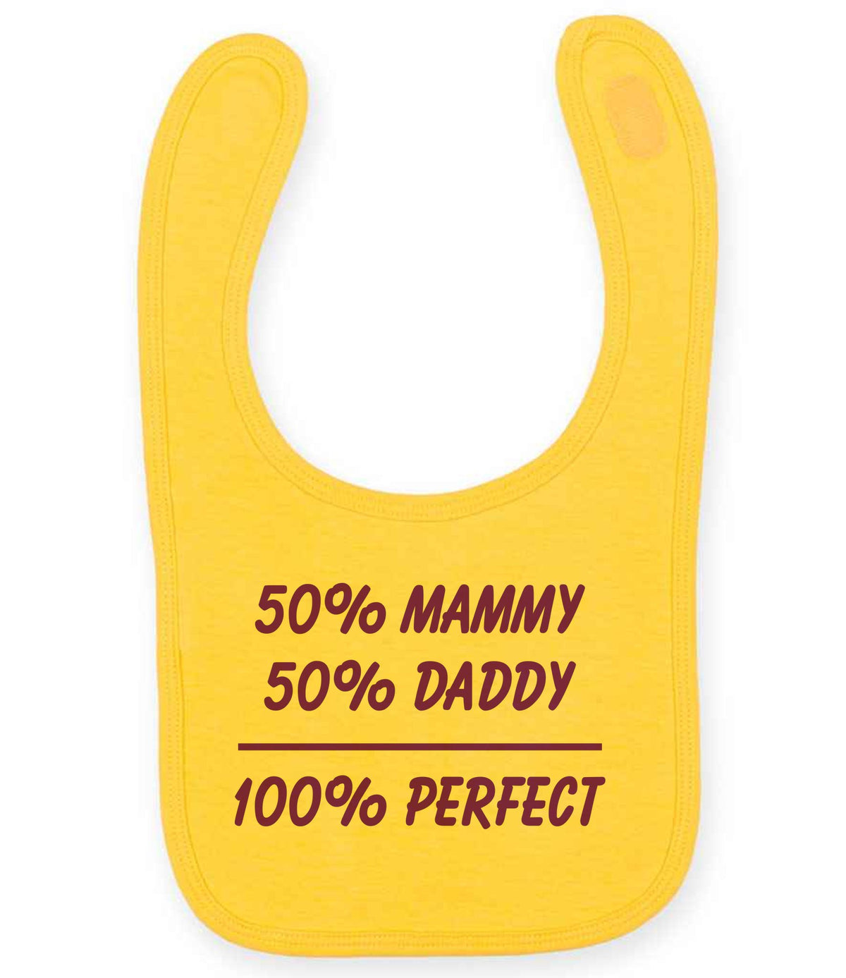 50% Mammy 50% Daddy 100% Perfect – Larkwood Baby/Toddler Bib in Sunflower with Purple vinyl