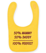 50% Mammy 50% Daddy 100% Perfect – Larkwood Baby/Toddler Bib in Sunflower with Purple vinyl
