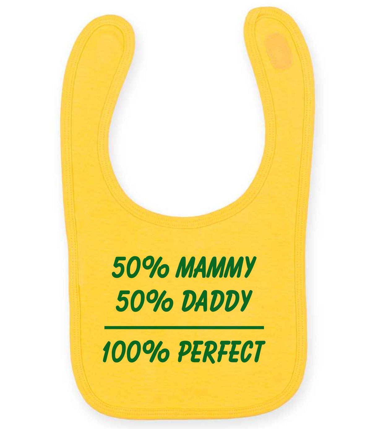 50% Mammy 50% Daddy 100% Perfect – Larkwood Baby/Toddler Bib in Sunflower with Teal vinyl