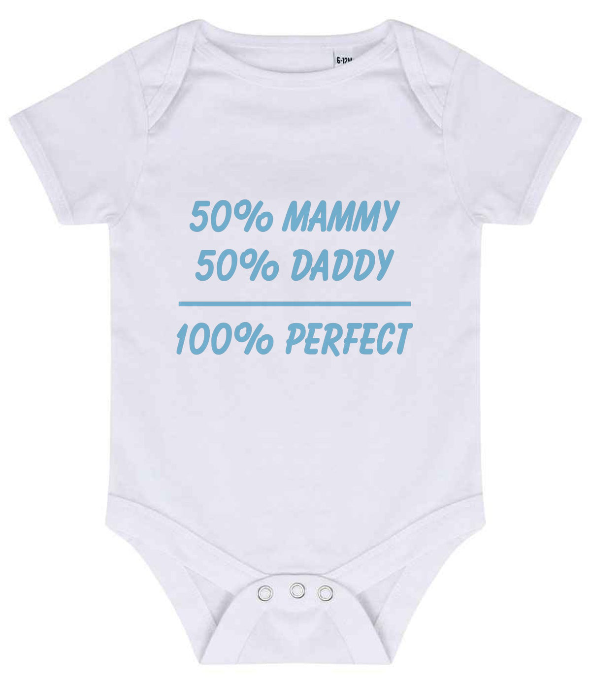 50% Mammy 50% Daddy 100% Perfect – Larkwood Essential Short Sleeve Baby Bodysuit in White with Baby Blue vinyl