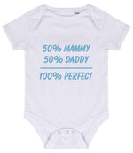 50% Mammy 50% Daddy 100% Perfect – Larkwood Essential Short Sleeve Baby Bodysuit in White with Baby Blue vinyl