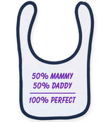 50% Mammy 50% Daddy 100% Perfect – Larkwood Baby/Toddler Bib in White/Navy with Purple vinyl