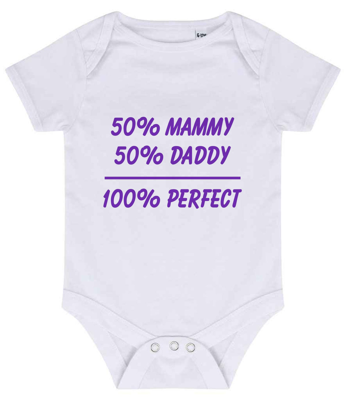 50% Mammy 50% Daddy 100% Perfect – Larkwood Essential Short Sleeve Baby Bodysuit in White with Purple vinyl