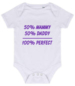 50% Mammy 50% Daddy 100% Perfect – Larkwood Essential Short Sleeve Baby Bodysuit in White with Purple vinyl