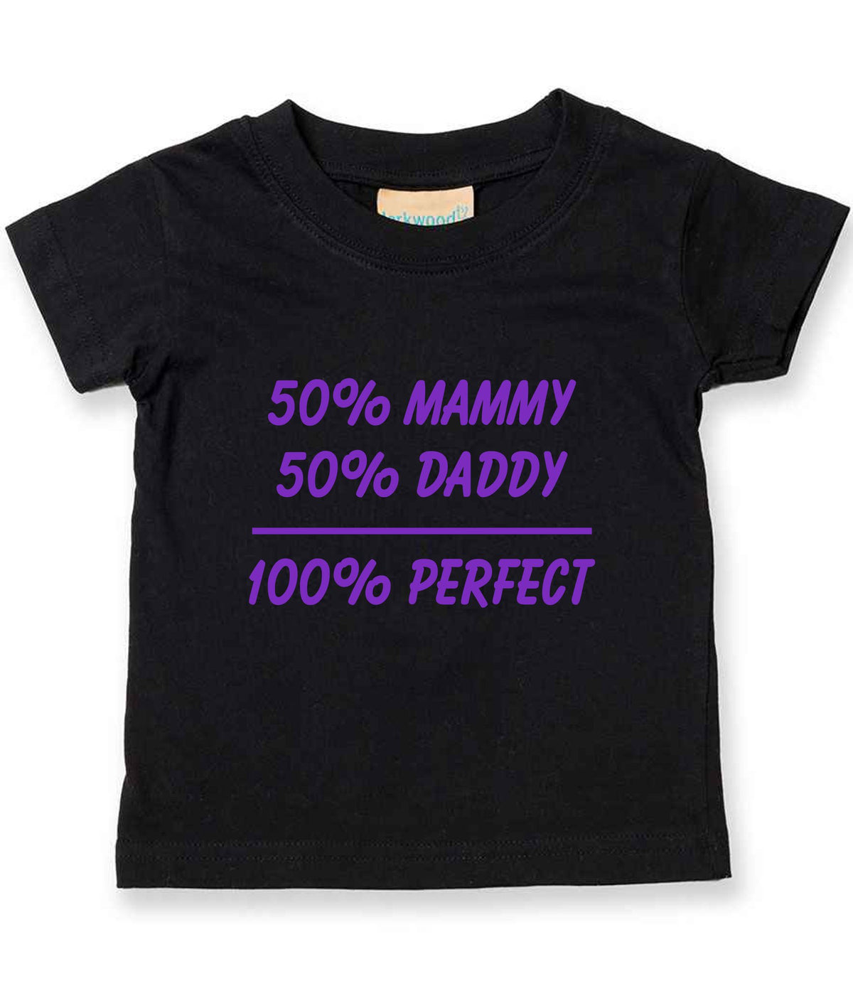 50% Mammy 50% Daddy 100% Perfect – Baby T-Shirt in Black with Purple vinyl
